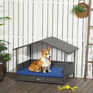 PawHut Wicker Dog House with Canopy – Outdoor Rattan Bed for Small & Medium Dogs, Dark Blue