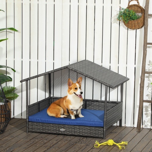 PawHut Wicker Dog House with Canopy – Outdoor Rattan Bed for Small & Medium Dogs, Dark Blue