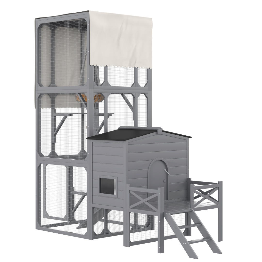 Catio Cat House Outdoor Large Cat Enclosure, Wooden Cat Cage For Multiple Cats With Jumping Platforms And Cat Swing, Removable Waterproof Cover, UV Resistant, 2 Combination, Gray - Image 10