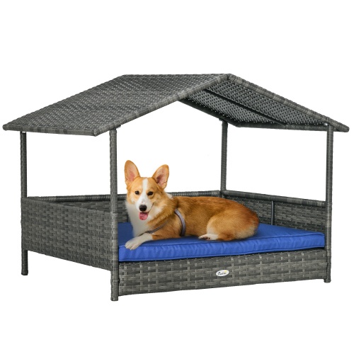 PawHut Wicker Dog House with Canopy – Outdoor Rattan Bed for Small & Medium Dogs, Dark Blue - Image 2