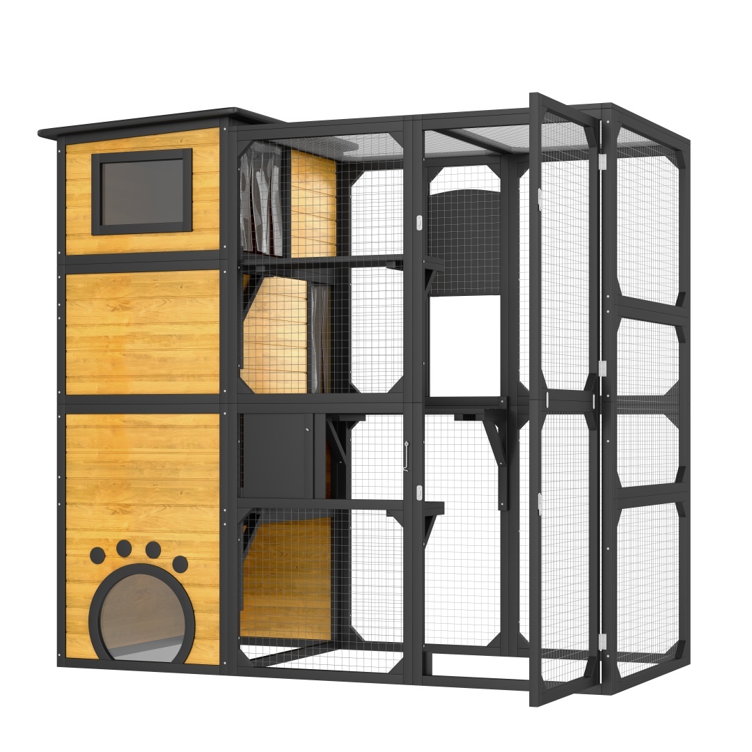 GO Large Cat Catio 4 Tiers Cat Enclosure For Outdoor, Cat House Weatherproof Attached To Window For Multiple Cats With Platforms And Resting Rooms, Brown - Image 3