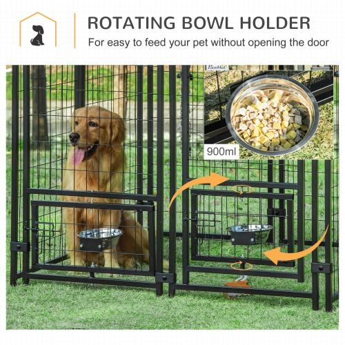 Outdoor Dog Kennel with Rotating Bowl Rack, Walk-In Pet Playpen, Welded Steel, Waterproof & UV Resistant Awning - Image 4