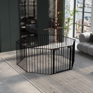Adjustable Safety Gate – 8-Panel Metal Play Yard, Fireplace Fence, Doorway & Stair Barrier, Black