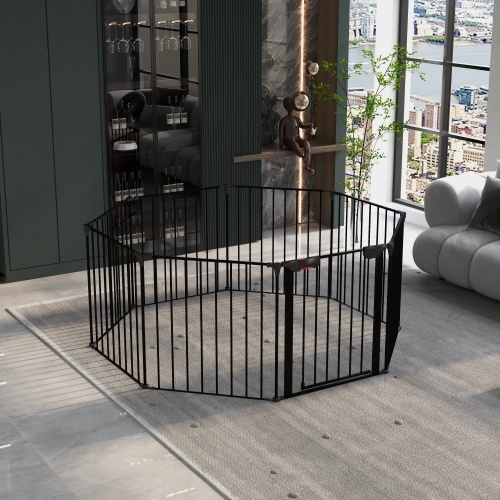 Adjustable Safety Gate – 8-Panel Metal Play Yard, Fireplace Fence, Doorway & Stair Barrier, Black