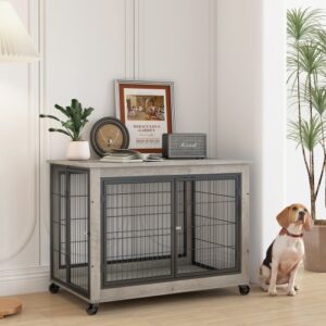 Furniture-Style Dog Crate with Wheels & Double Doors