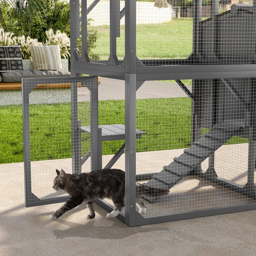 Catio Cat House Outdoor Large Cat Enclosure, Wooden Cat Cage For Multiple Cats With Jumping Platforms And Cat Swing, Removable Waterproof Cover, UV Resistant, 2 Combination, Gray - Image 3