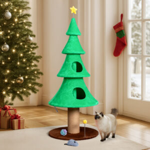 59" Christmas Tree Cat Tower with 2 Condos & Scratching Post – Green