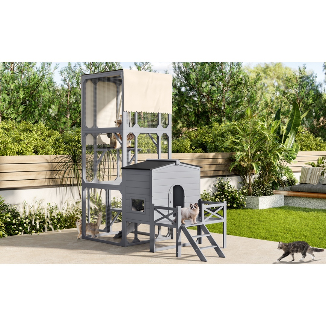 Catio Cat House Outdoor Large Cat Enclosure, Wooden Cat Cage For Multiple Cats With Jumping Platforms And Cat Swing, Removable Waterproof Cover, UV Resistant, 2 Combination, Gray - Image 4