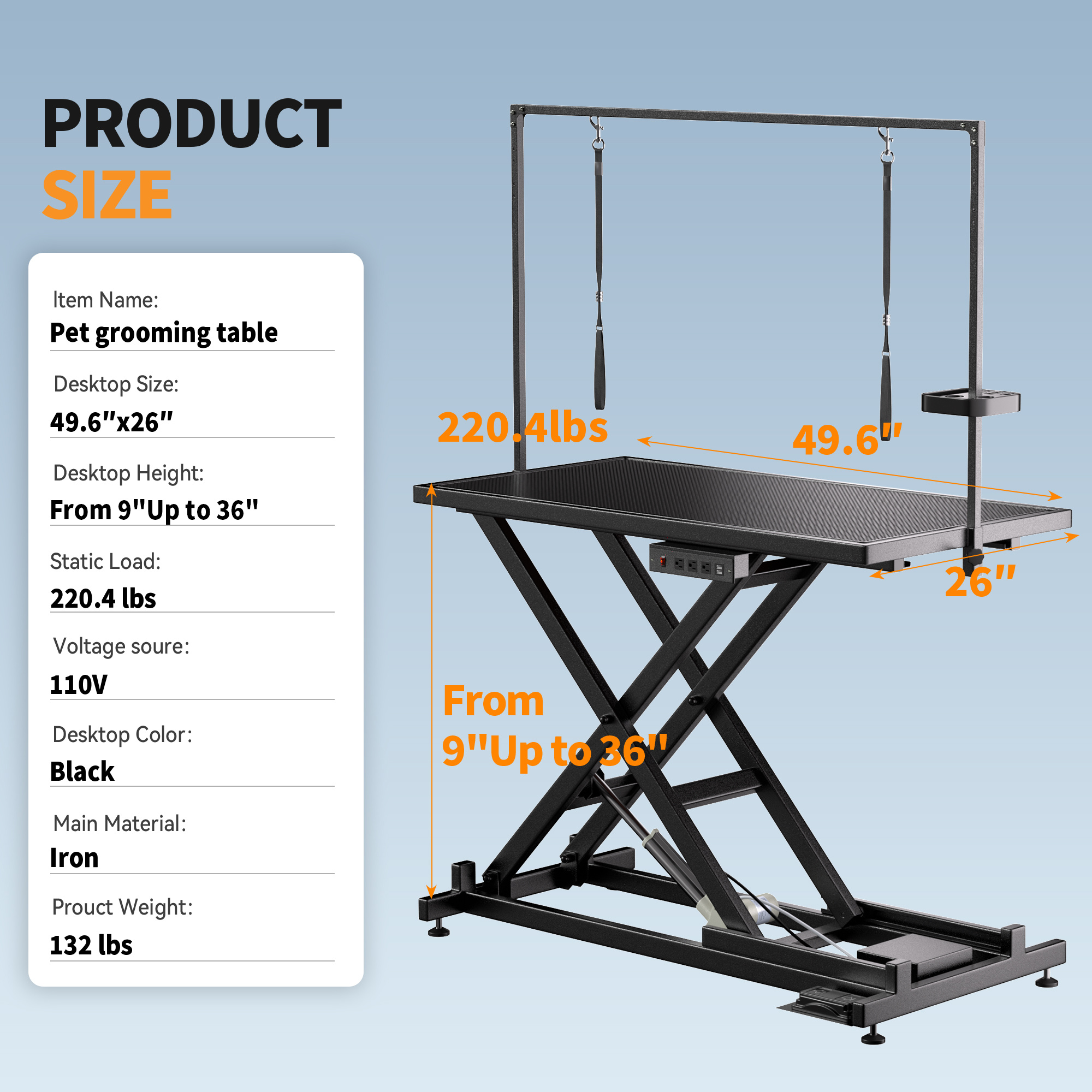 Height Adjustable Pet Grooming Table – Electric Lift, Anti-Slip Top, Grooming Arm & Tool Organizer (50" Black) - Image 5