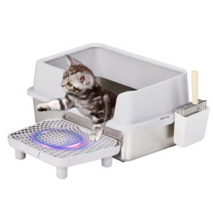 Stainless Steel Cat Litter Box – Large, Anti-Tracking, with Filter Pedal & Scoop, Grey