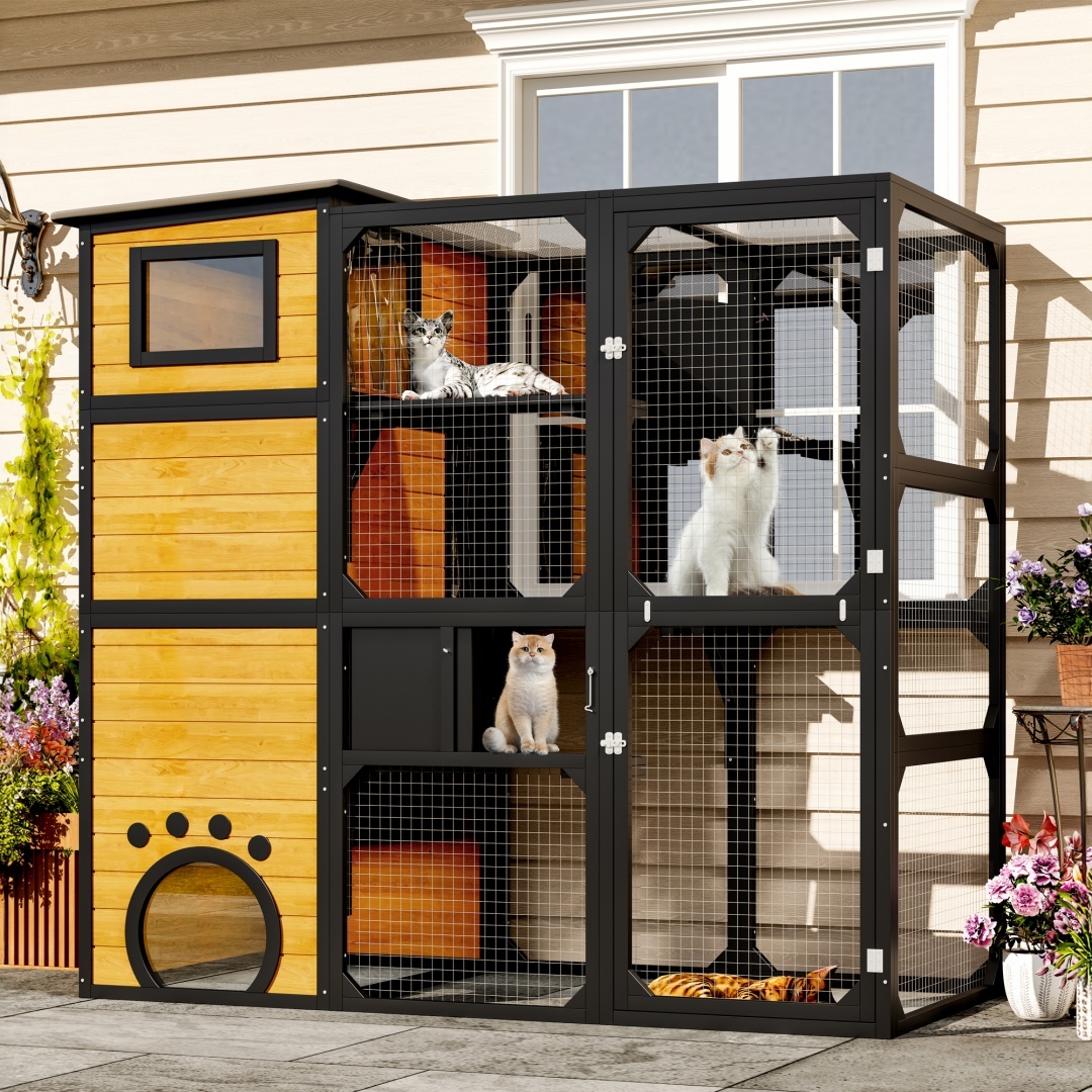 GO Large Cat Catio 4 Tiers Cat Enclosure For Outdoor, Cat House Weatherproof Attached To Window For Multiple Cats With Platforms And Resting Rooms, Brown - Image 8