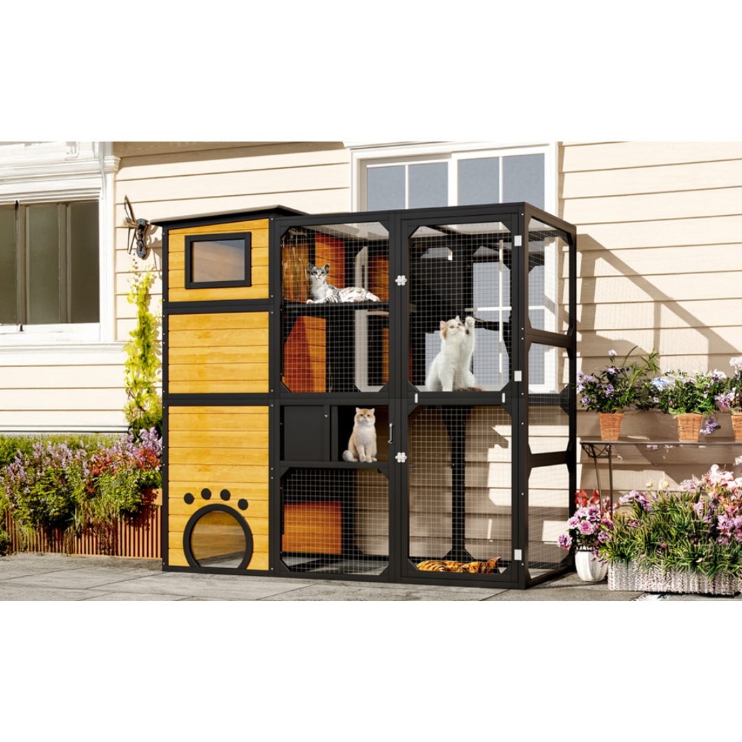 GO Large Cat Catio 4 Tiers Cat Enclosure For Outdoor, Cat House Weatherproof Attached To Window For Multiple Cats With Platforms And Resting Rooms, Brown - Image 6