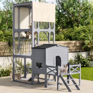 Catio Cat House Outdoor Large Cat Enclosure, Wooden Cat Cage For Multiple Cats With Jumping Platforms And Cat Swing, Removable Waterproof Cover, UV Resistant, 2 Combination, Gray
