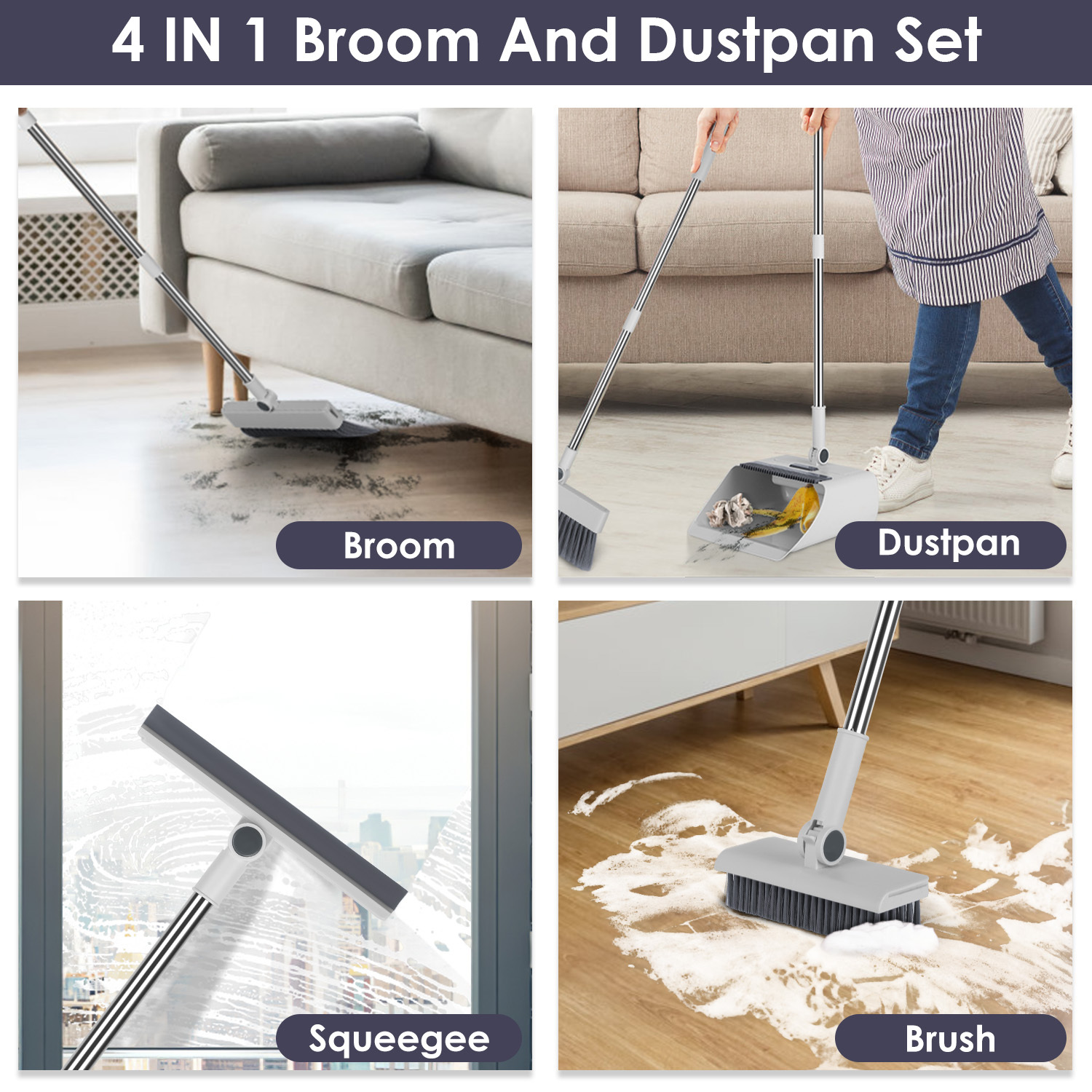 4-in-1 Broom & Dustpan Set with Squeegee – Upright Standing Cleaning Combo - Image 5
