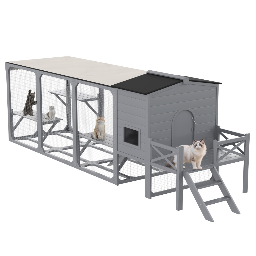 Catio Cat House Outdoor Large Cat Enclosure, Wooden Cat Cage For Multiple Cats With Jumping Platforms And Cat Swing, Removable Waterproof Cover, UV Resistant, 2 Combination, Gray - Image 5