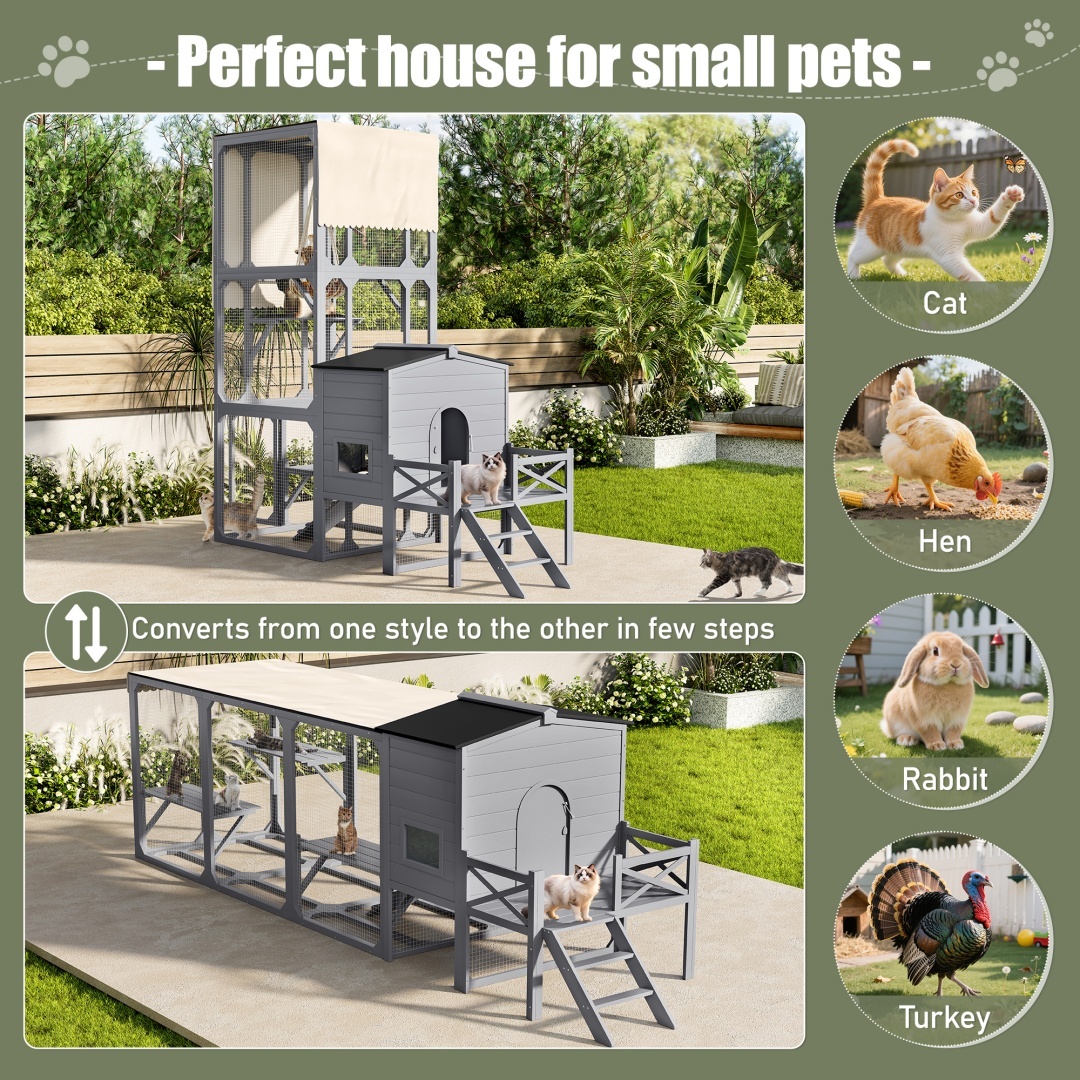 Catio Cat House Outdoor Large Cat Enclosure, Wooden Cat Cage For Multiple Cats With Jumping Platforms And Cat Swing, Removable Waterproof Cover, UV Resistant, 2 Combination, Gray - Image 8