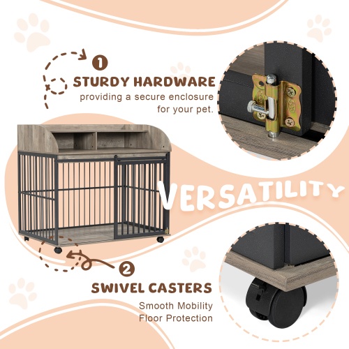 Heavy Duty Dog Cage Furniture for Medium-Large Dogs, Sliding Door Kennel with Lockable Wheels, Double Storage, Grey - Image 2