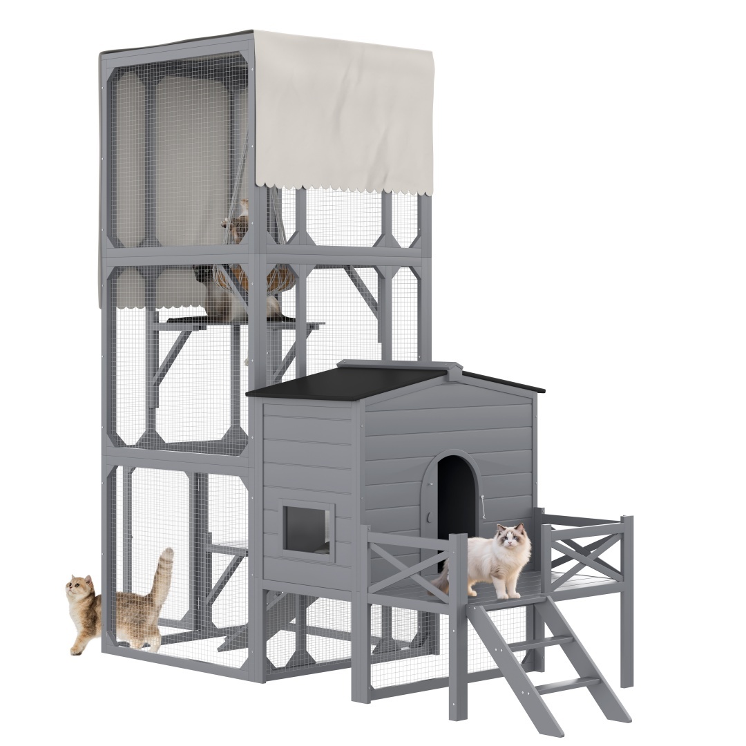 Catio Cat House Outdoor Large Cat Enclosure, Wooden Cat Cage For Multiple Cats With Jumping Platforms And Cat Swing, Removable Waterproof Cover, UV Resistant, 2 Combination, Gray - Image 2