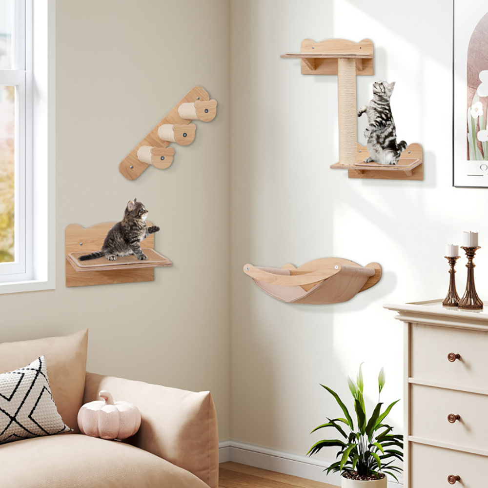 Cat Wall Furniture Set Of 4 With Hammock 2-step Cat Tree And Perch - Image 7