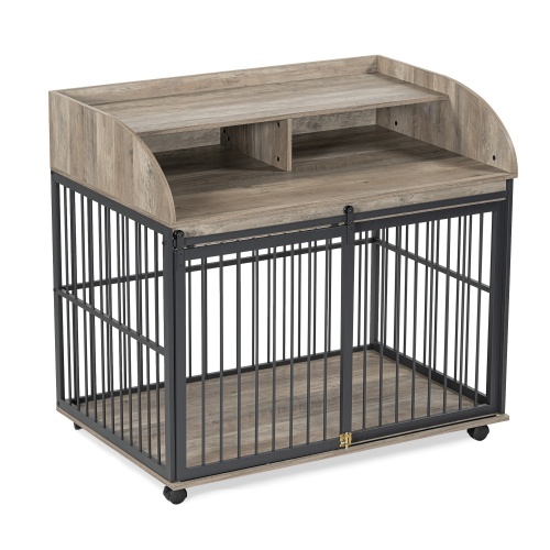 Heavy Duty Dog Cage Furniture for Medium-Large Dogs, Sliding Door Kennel with Lockable Wheels, Double Storage, Grey - Image 3