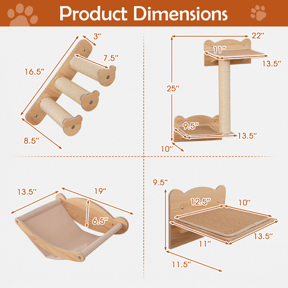 Cat Wall Furniture Set Of 4 With Hammock 2-step Cat Tree And Perch - Image 2