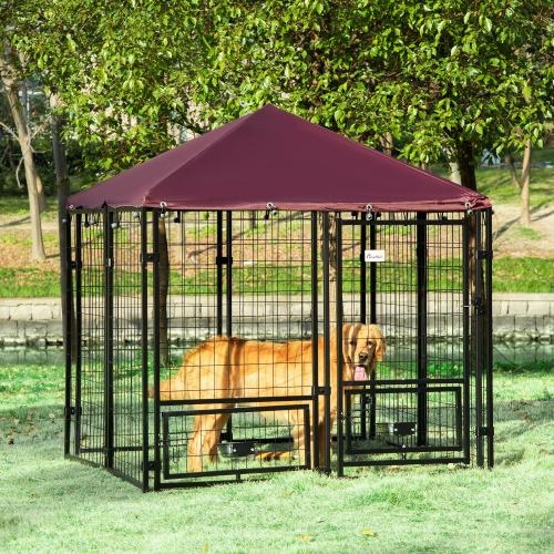 Outdoor Dog Kennel with Rotating Bowl Rack, Walk-In Pet Playpen, Welded Steel, Waterproof & UV Resistant Awning - Image 7