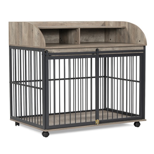 Heavy Duty Dog Cage Furniture for Medium-Large Dogs, Sliding Door Kennel with Lockable Wheels, Double Storage, Grey - Image 6