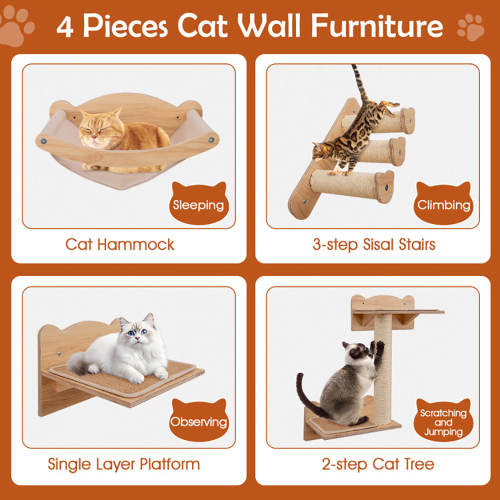 Cat Wall Furniture Set Of 4 With Hammock 2-step Cat Tree And Perch - Image 3
