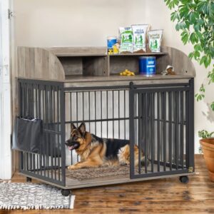 Heavy Duty Dog Cage Furniture for Medium-Large Dogs, Sliding Door Kennel with Lockable Wheels, Double Storage, Grey