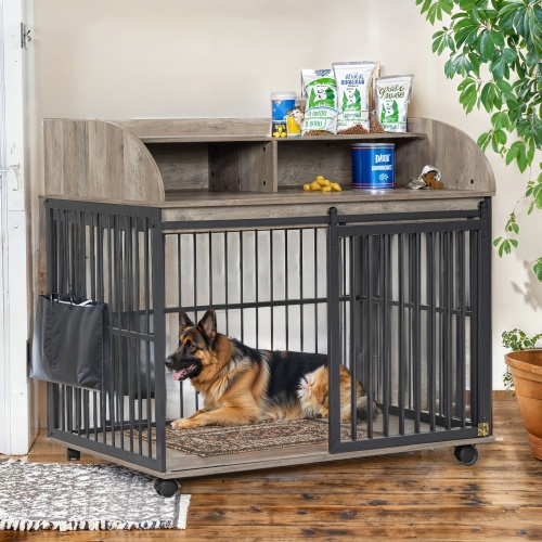 Heavy Duty Dog Cage Furniture for Medium-Large Dogs, Sliding Door Kennel with Lockable Wheels, Double Storage, Grey