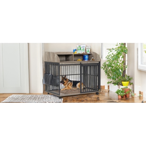 Heavy Duty Dog Cage Furniture for Medium-Large Dogs, Sliding Door Kennel with Lockable Wheels, Double Storage, Grey - Image 5