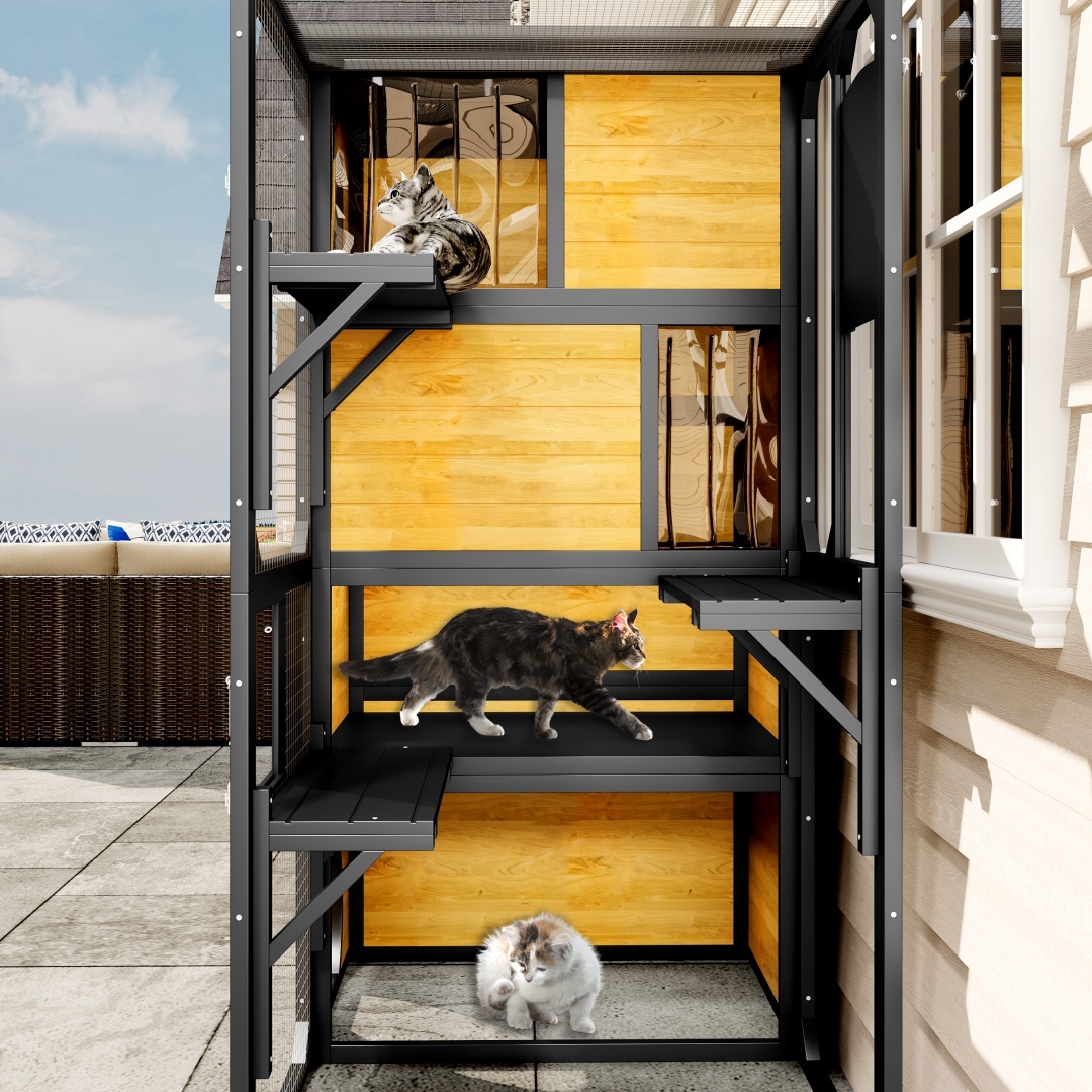 GO Large Cat Catio 4 Tiers Cat Enclosure For Outdoor, Cat House Weatherproof Attached To Window For Multiple Cats With Platforms And Resting Rooms, Brown - Image 7
