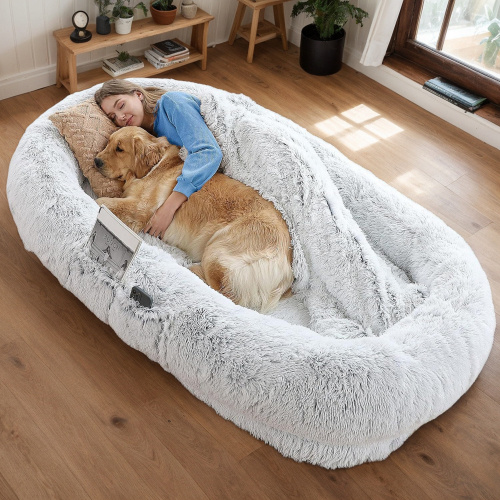 Human Dog Bed – Washable Faux Fur Orthopedic Bed for People & Pets, 71"x45"x14", Grey