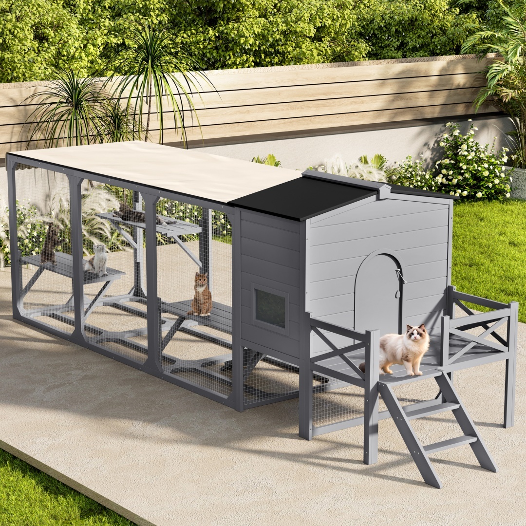 Catio Cat House Outdoor Large Cat Enclosure, Wooden Cat Cage For Multiple Cats With Jumping Platforms And Cat Swing, Removable Waterproof Cover, UV Resistant, 2 Combination, Gray - Image 7