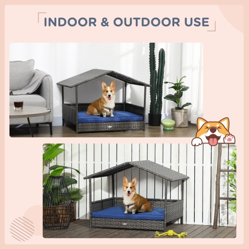 PawHut Wicker Dog House with Canopy – Outdoor Rattan Bed for Small & Medium Dogs, Dark Blue - Image 3