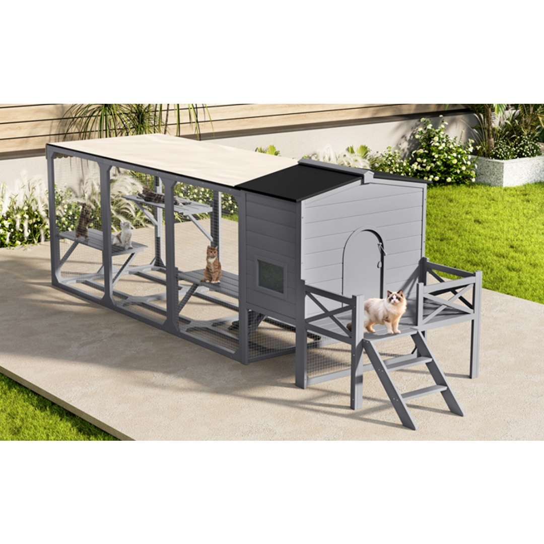 Catio Cat House Outdoor Large Cat Enclosure, Wooden Cat Cage For Multiple Cats With Jumping Platforms And Cat Swing, Removable Waterproof Cover, UV Resistant, 2 Combination, Gray - Image 9