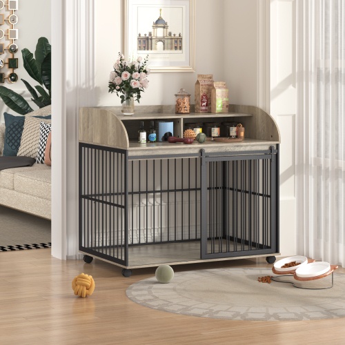 Heavy Duty Dog Cage Furniture for Medium-Large Dogs, Sliding Door Kennel with Lockable Wheels, Double Storage, Grey - Image 4