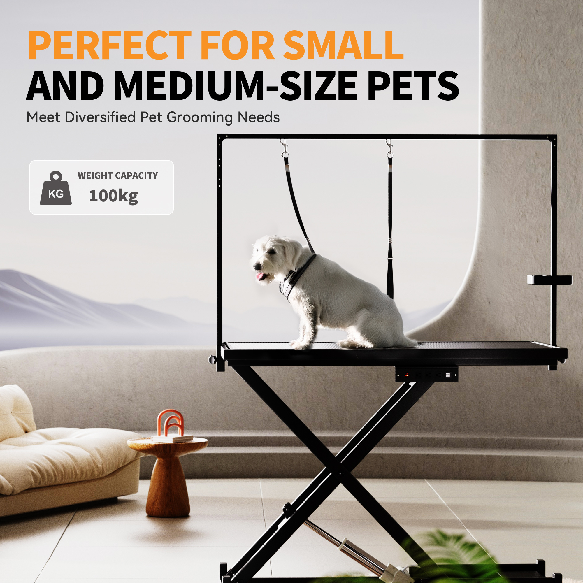 Height Adjustable Pet Grooming Table – Electric Lift, Anti-Slip Top, Grooming Arm & Tool Organizer (50" Black)