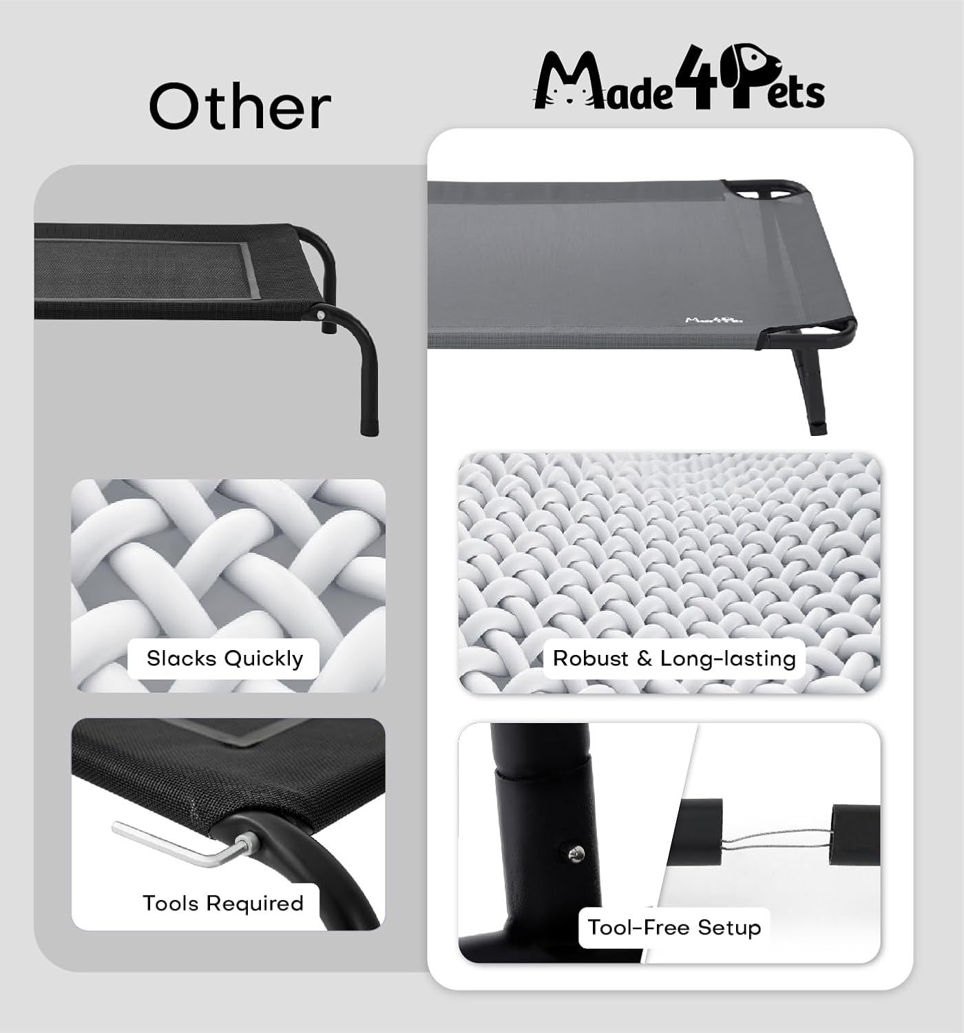 Made4Pets Large Elevated Outdoor Dog Bed – Adjustable, Washable Mesh & Non-Slip Feet - Image 5