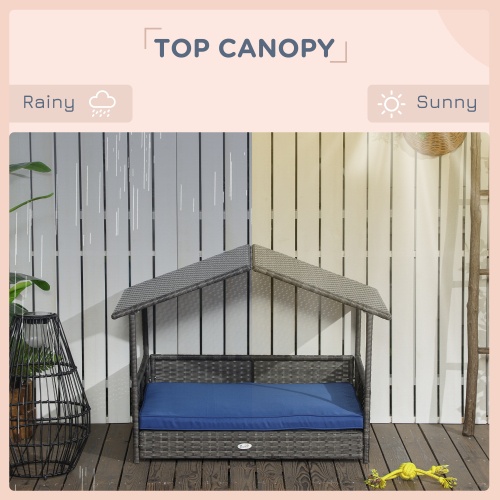 PawHut Wicker Dog House with Canopy – Outdoor Rattan Bed for Small & Medium Dogs, Dark Blue - Image 6