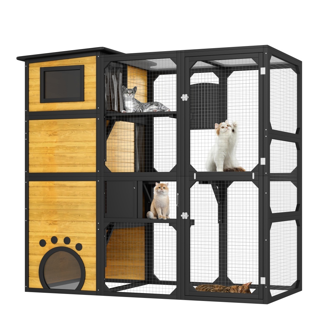 GO Large Cat Catio 4 Tiers Cat Enclosure For Outdoor, Cat House Weatherproof Attached To Window For Multiple Cats With Platforms And Resting Rooms, Brown - Image 9