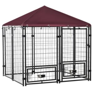 Outdoor Dog Kennel with Rotating Bowl Rack, Walk-In Pet Playpen, Welded Steel, Waterproof & UV Resistant Awning