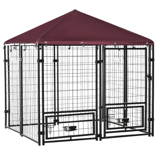 Outdoor Dog Kennel with Rotating Bowl Rack, Walk-In Pet Playpen, Welded Steel, Waterproof & UV Resistant Awning