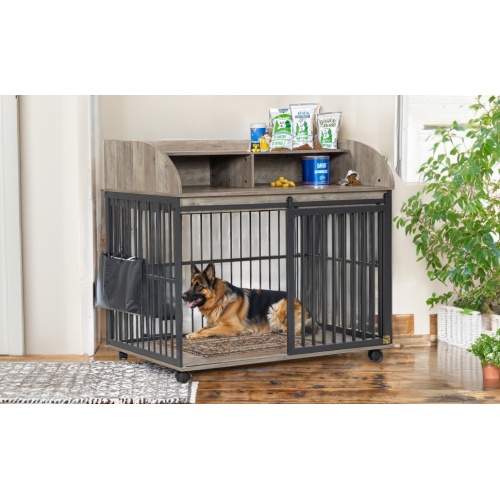 Heavy Duty Dog Cage Furniture for Medium-Large Dogs, Sliding Door Kennel with Lockable Wheels, Double Storage, Grey - Image 8