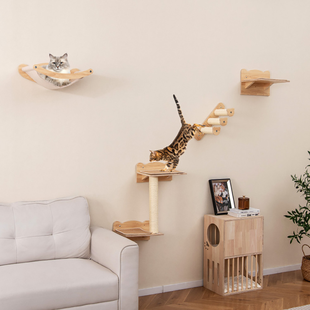 Cat Wall Furniture Set Of 4 With Hammock 2-step Cat Tree And Perch - Image 9