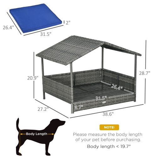 PawHut Wicker Dog House with Canopy – Outdoor Rattan Bed for Small & Medium Dogs, Dark Blue - Image 4
