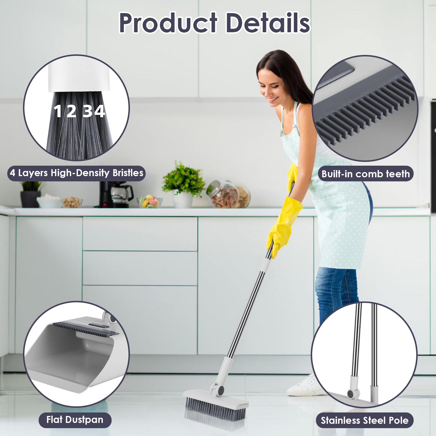 4-in-1 Broom & Dustpan Set with Squeegee – Upright Standing Cleaning Combo - Image 8