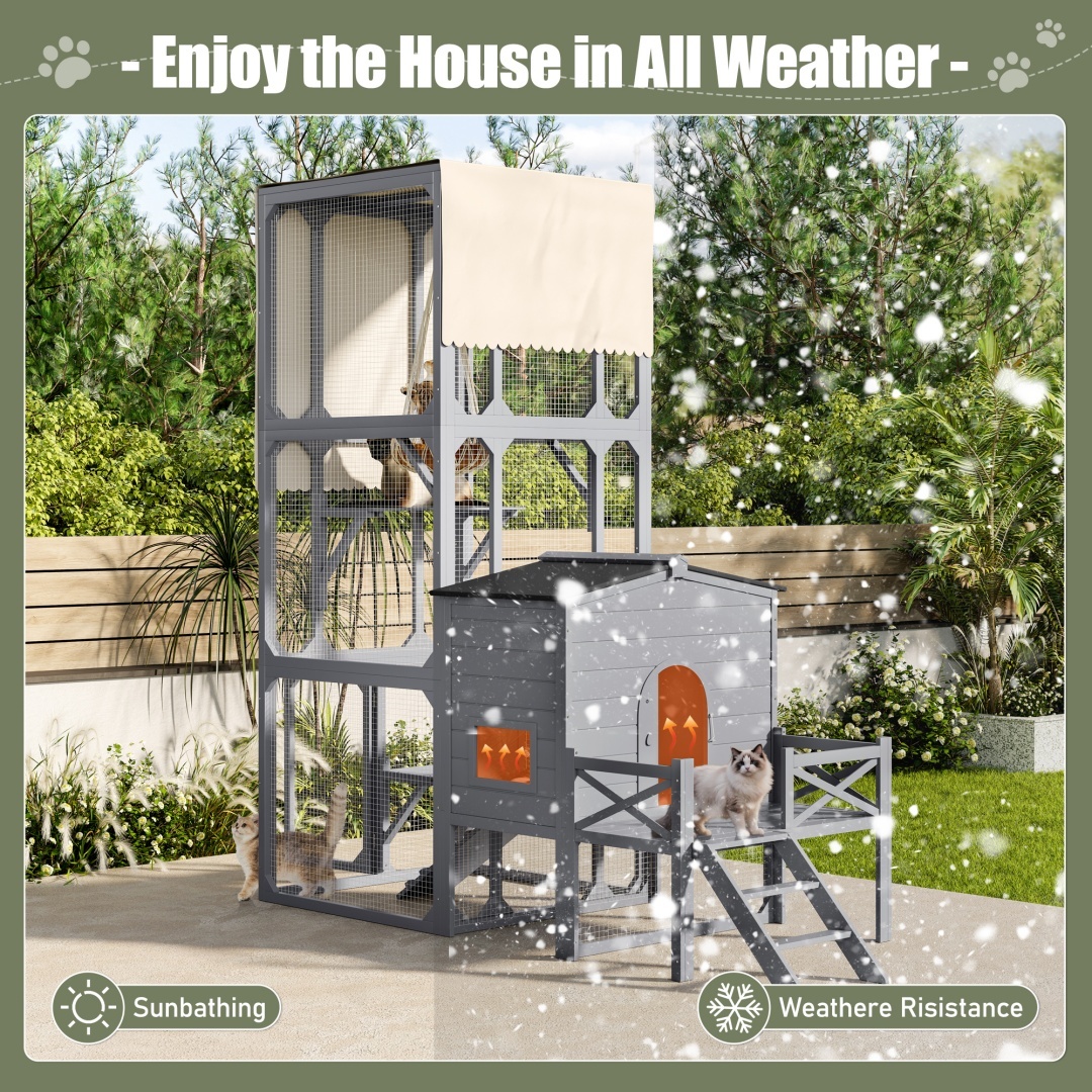 Catio Cat House Outdoor Large Cat Enclosure, Wooden Cat Cage For Multiple Cats With Jumping Platforms And Cat Swing, Removable Waterproof Cover, UV Resistant, 2 Combination, Gray - Image 6