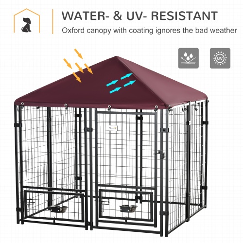 Outdoor Dog Kennel with Rotating Bowl Rack, Walk-In Pet Playpen, Welded Steel, Waterproof & UV Resistant Awning - Image 5
