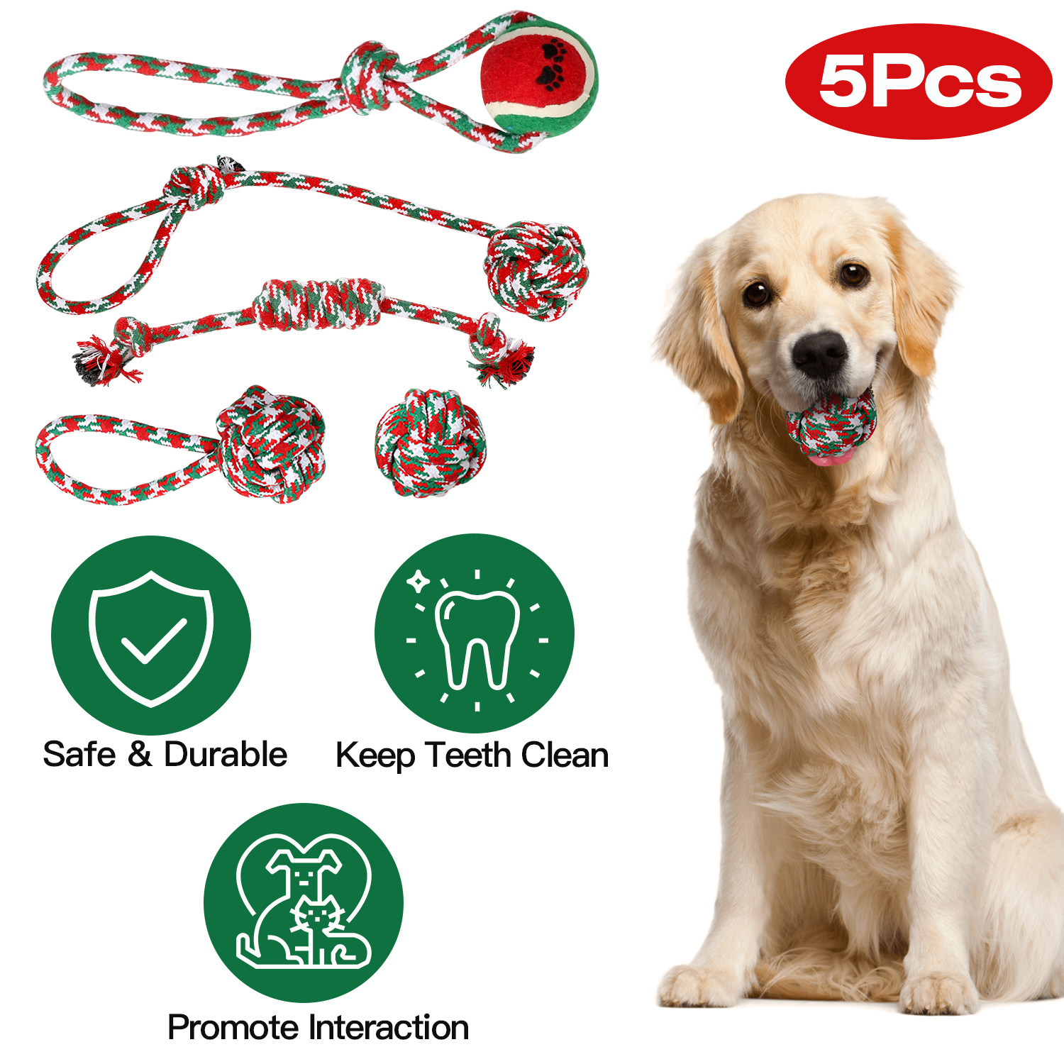 Set of 5pcs Christmas Dog Rope Chew Toys – Festive Fun for Your Furry Friend!